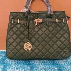 Badgley Mischka Olive Green Quilted Satchel and mini bag with Gold Accents!